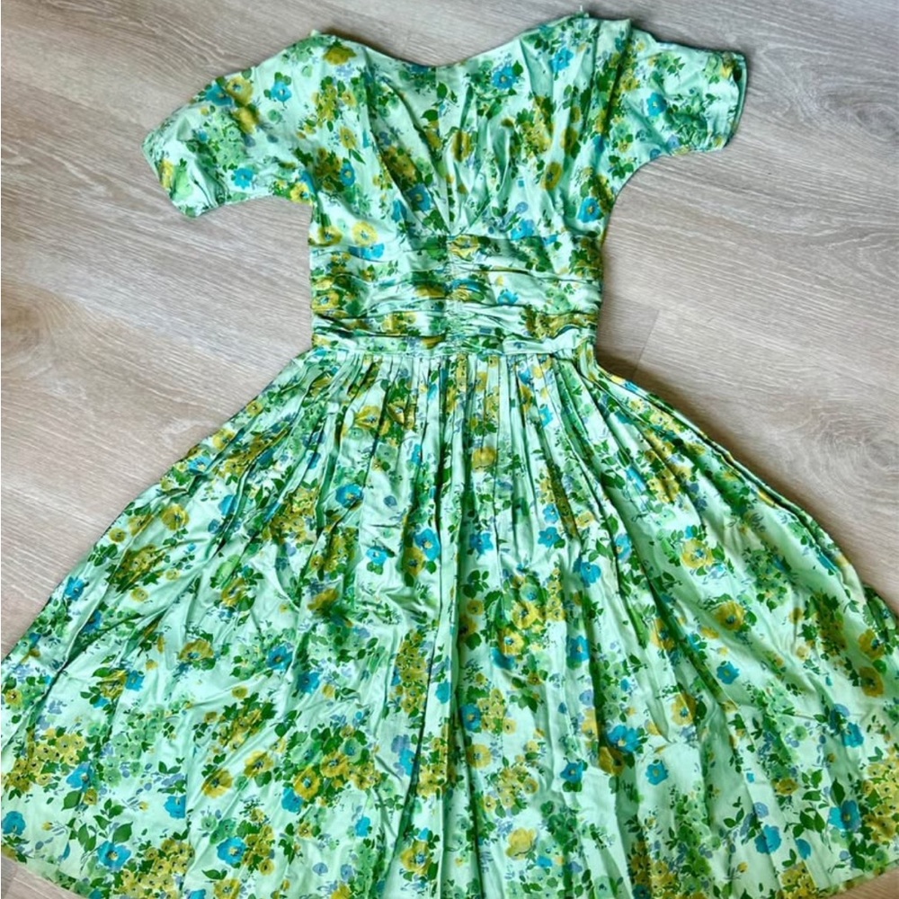 Vintage Green Floral Dress Juniors Fits Womens XS